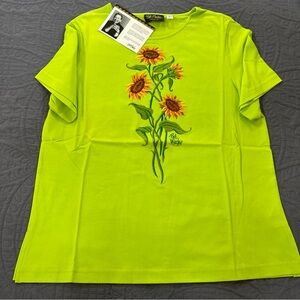 NEW Bob Mackie Floral Graphic Lime Green Women's Top t-shirt Tee Sz L Embroider